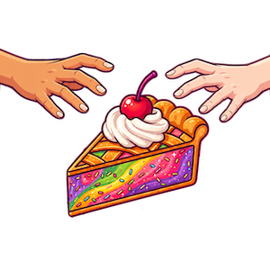 Two hands reaching for a slice of rainbow pie